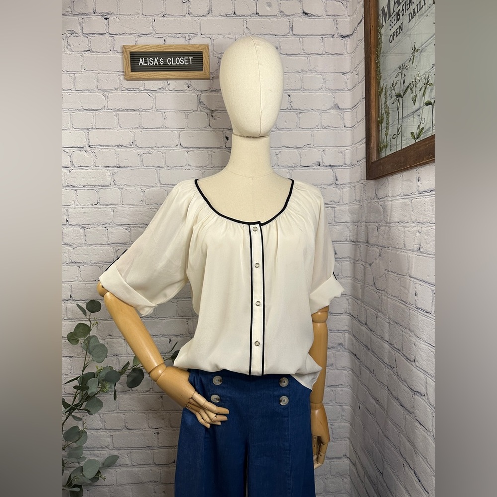 Express button up cream and black trim blouse